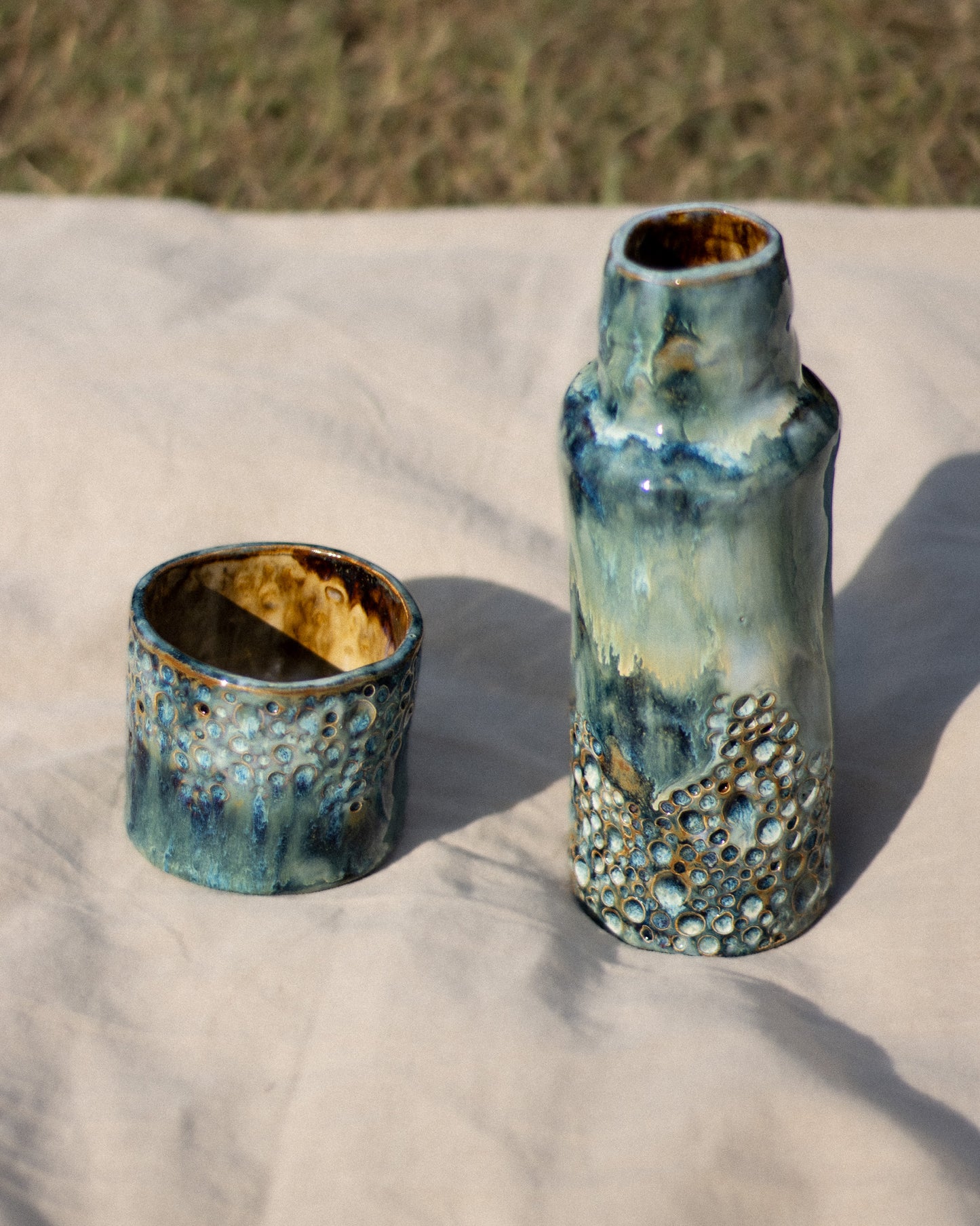 Handmade Stoneware Jug with Cup WAVES Collection